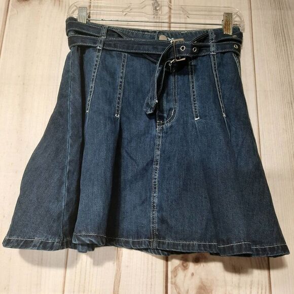 Cider Denim‎ Mini Skirt Ladies Medium Belted A Line Dark Wash Flared Women's - Picture 1 of 4